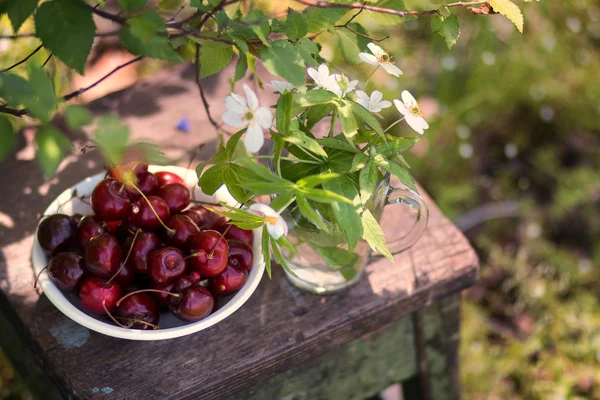 Bacche di ciliegia su un piatto bianco su un tavolo di legno con fiori bianchi, da vicino, nature morte — Foto Stock