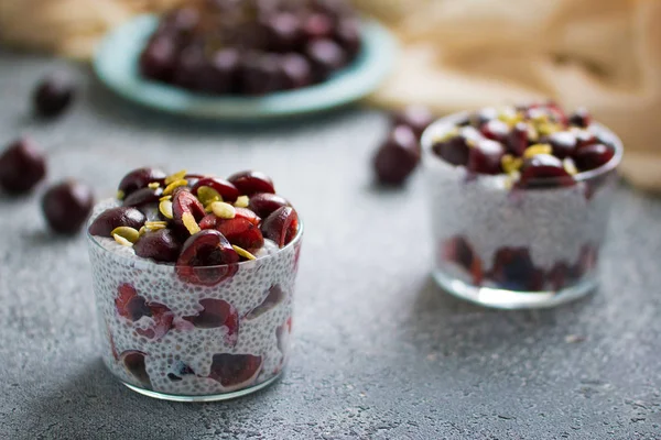 Kiraz çilek, doğal yoğurt, chia, gri bir yüzey üzerinde bir bardak kabak çekirdeği ile Chia puding. Ön görüş. Sağlıklı tatlı, süper gıda 