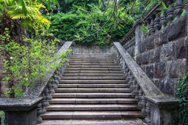 Eski merdivenler yeşil bitki örtüsünün arka planında taş balyaları olan gri taşlardır.