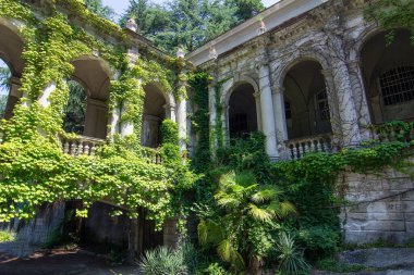 RUSSIA, SOCHI - 25 Temmuz 2020: Güneşli bir yaz gününde adını Sergo Ordzhonikidze 'den alan sanatoryumun güzel eski binası. Mimar Ivan Sergeevich Kuznetsov 