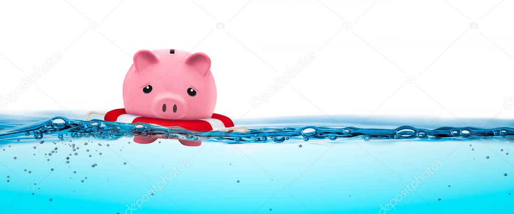 Piggy Bank In Life-ring Floating On Water - Financial Security Concept