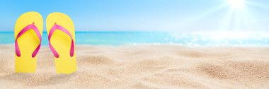 güneşli gökyüzü karşı sahilde renkli flip flop