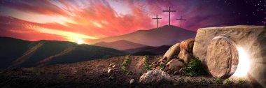 Empty Tomb Of Jesus Christ At Sunrise With Three Crosses In The Distance - Resurrection Concept clipart