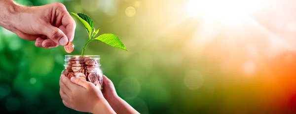 Hand Father Adding Penny Child Coin Jar Plant Growing Out — Stok Foto