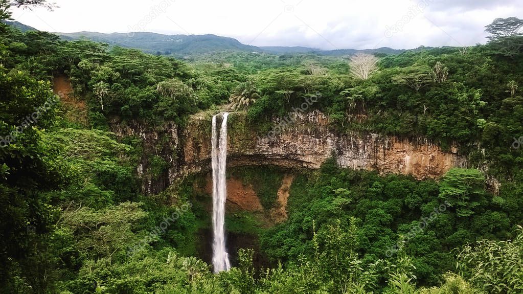 Chamarel Waterfall in the tropical island jungle. Mauritius