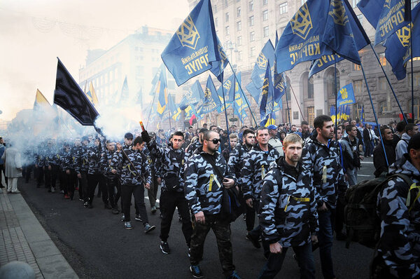 A detachment of the national corps in the center of Kiev on Defender of Ukraine Day.