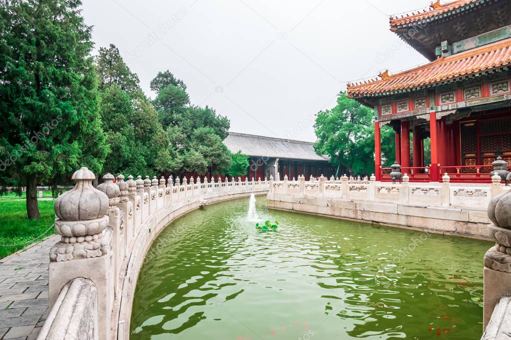 View of the building, garden park and canal at Confucius Temple 