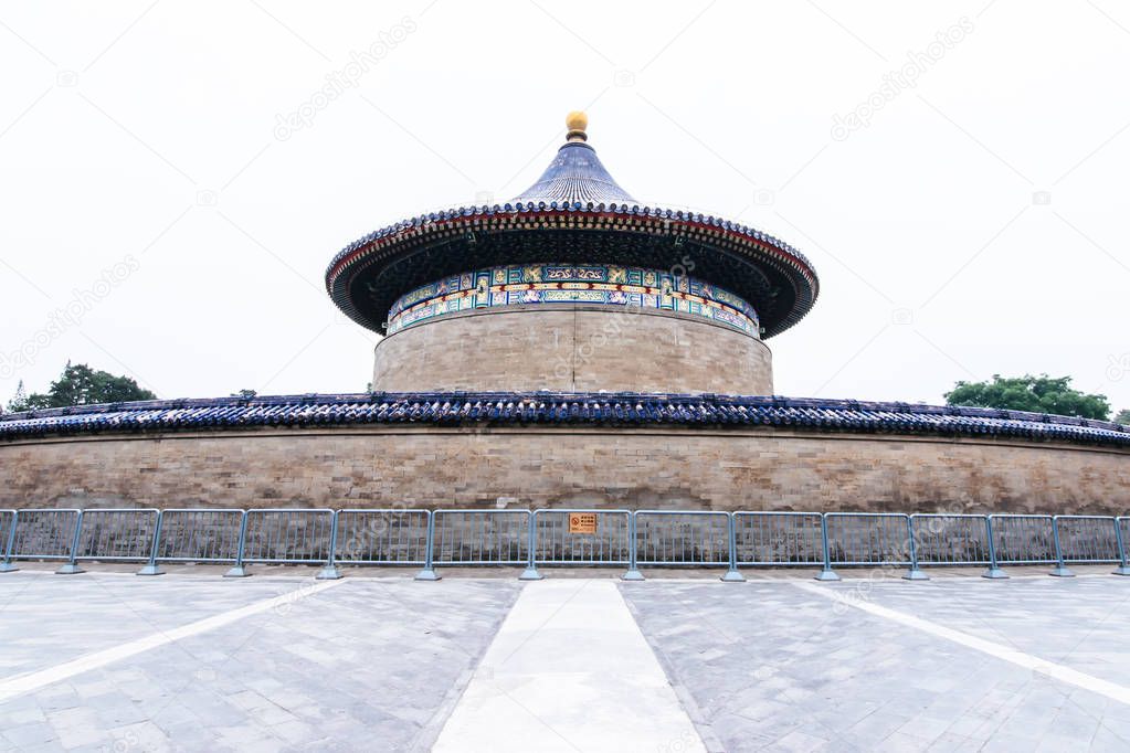 The iconic hot-spot view of traveler walking to sea around Imperial Vault of Heaven, Huangqiongyu at The Temple of Heaven in Beijing, China. 