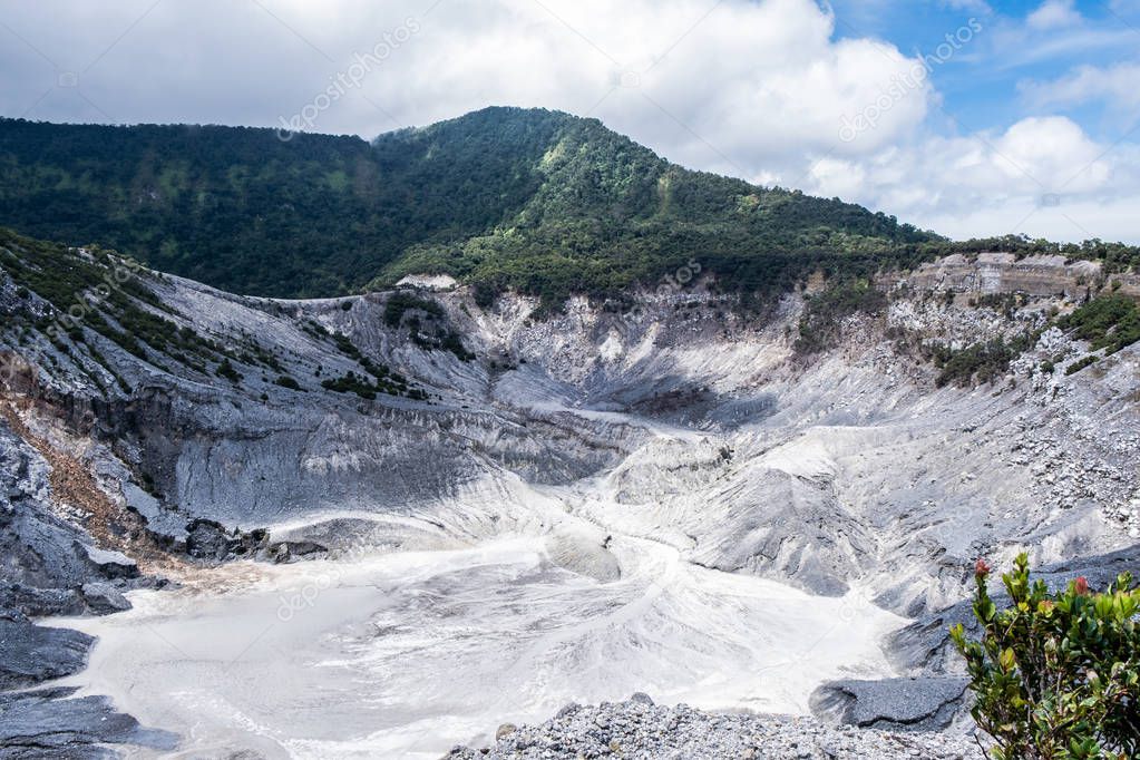 View of Tangkuban Perahu, a stratovolcano 30 km north of the city of Bandung, the provincial capital of West Java, Indonesia.