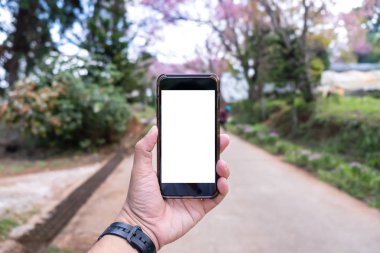 Bir adam el kavramı boş boş akıllı telefon tutar 