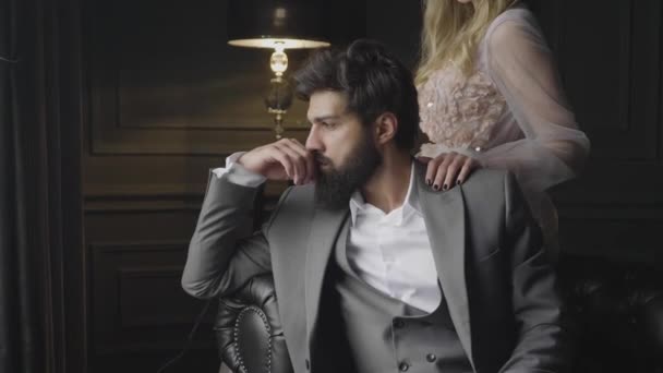 Slow Motion Close Brutal Bearded Man Holds Hand Face Leans — Stock Video