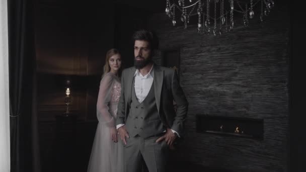 Slow Motion Severe Bearded Man Elegant Suit Beautiful Tender Lady — Stock Video