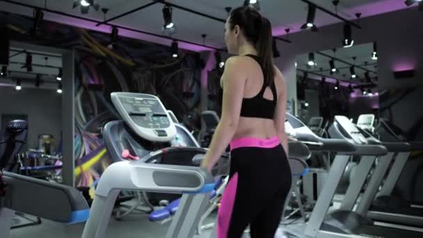 Inspirador Traseiro Vista Morena Menina Topo Leggings Caminha Rapidamente Moderna — Vídeo de Stock