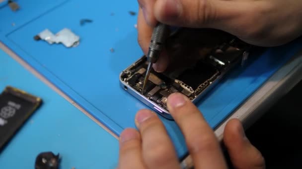 Aufregende Nahsicht Reparaturhelfer Hände Schrauben Iphone Detail Mit Kleinen Grauen — Stockvideo