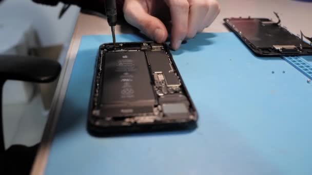 Primer Plano Persona Tornillos Detalles Negro Iphone Corpus Con Destornillador — Vídeo de stock