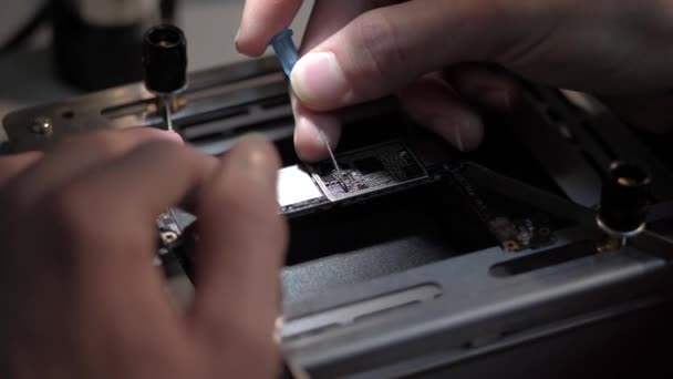 Schließen Ansicht Reparaturarbeiter Reinigt Silbernes Iphone Mainboard Vorsichtig Mit Kleiner — Stockvideo