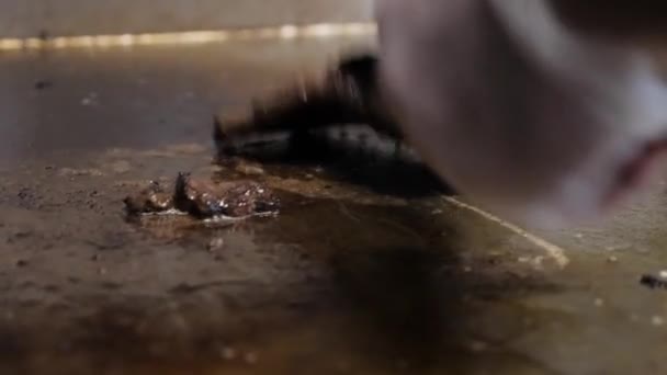 特写镜头厨师手在白色手套在棕色油炸表面的酱汁肉在餐馆 — 图库视频影像