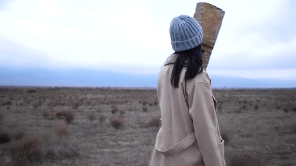 Брюнетка девушка уходит мимо шеста на поле замедленной съемки — стоковое видео