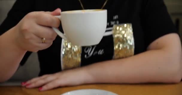 Woman in casual clothes with cup of coffee in cozy cafe — ストック動画