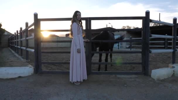 Menina em vestido rosa fica a cavalo contra o pôr do sol — Vídeo de Stock