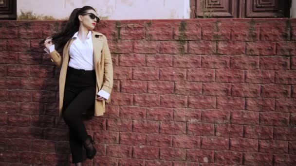 Brunette Long Ponytail Sunglasses Hand Looks Thoughtfully Sky Slow Motion — Stock Video