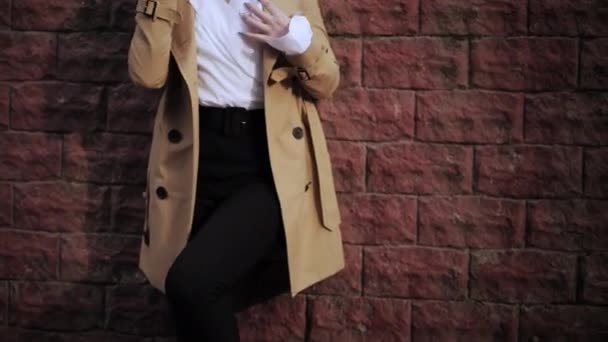 Atraktivní dívka představuje fotoaparát proti červené cihlové stěně — Stock video