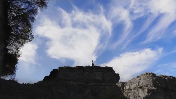 Siluety mužů a dívek kráčejí na vysoké skále pod modrým nebem — Stock video