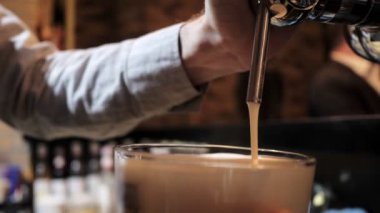 profesyonel barmen bulanık ziyaretçi closeup yavaş hareket karşı elinde cam kadeh tutan köpüklü bira döker