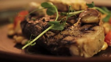 restoran yakın görünümü yavaş hareket kahverengi plaka üzerinde kırmızı domates ve yeşil rosmarin dal ile kahverengi ızgara biftek