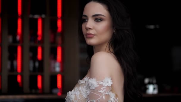 Beautiful Woman White Elegant Dress Looking Away Restaurant — Stock Video