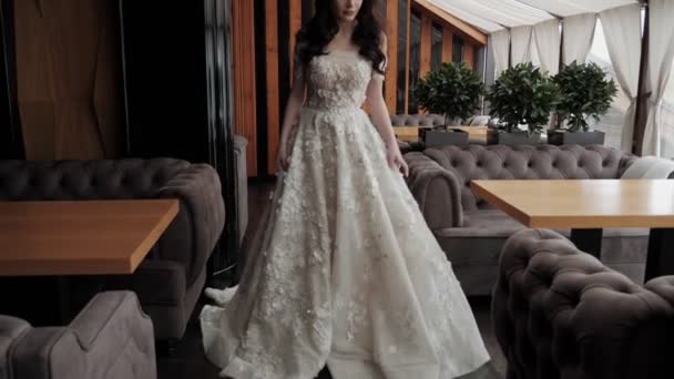Beautiful Woman White Elegant Dress Posing Luxury Restaurant — Stock Video