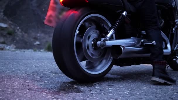 Man Motorcycle Red Headlights Drifts Grey Asphalt Making White Smoke — Stock Video