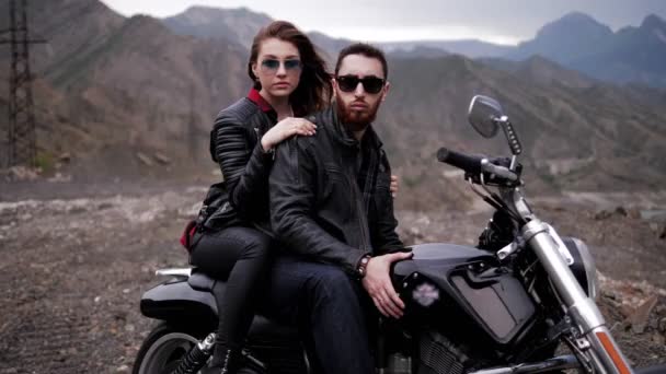 Beautiful Lady Leather Jacket Sits Handsome Bearded Man Modern Motorcycle — Stock Video