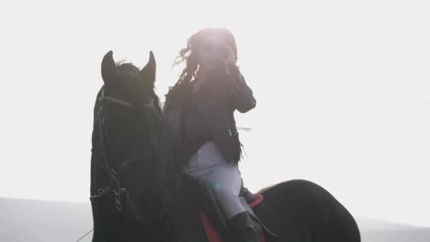 ライダーのシルエットは、種馬に座ってキュリーヘアを修正します — ストック動画