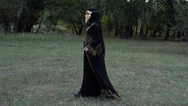 Περήφανη αραβική γυναίκα στο χρυσό πρόσωπο πέπλο περπατάει κατά μήκος του κήπου — Αρχείο Βίντεο