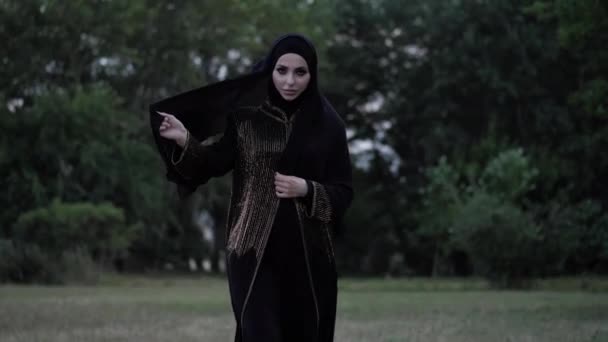 Arabische vrouw in lange zwarte Abaya jurk wandelingen langs Park — Stockvideo