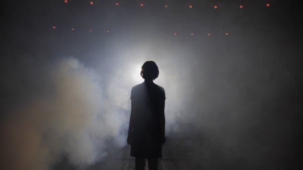 Solo ragazza silhouette a luci brillanti in nuvole di fumo — Video Stock