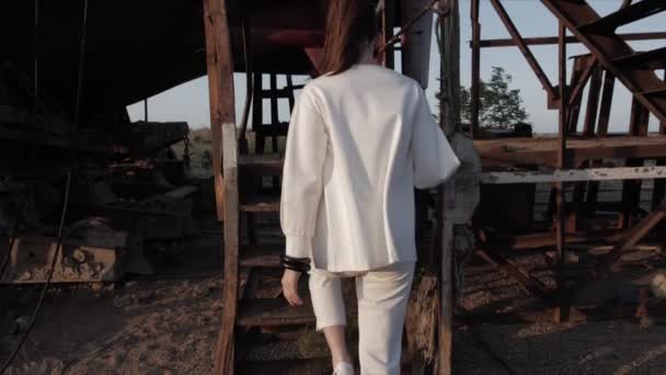 Graceful woman climbs ship steps in windy weather at sunset — ストック動画