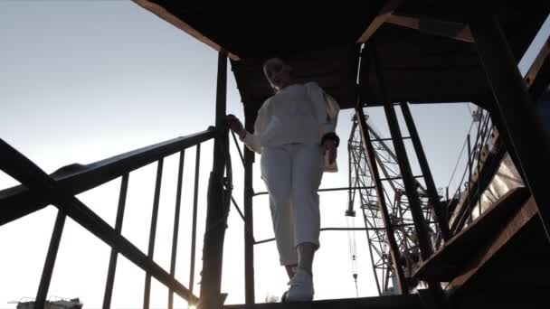 Девушка спускается по лестнице против морского крана и солнечного света — стоковое видео