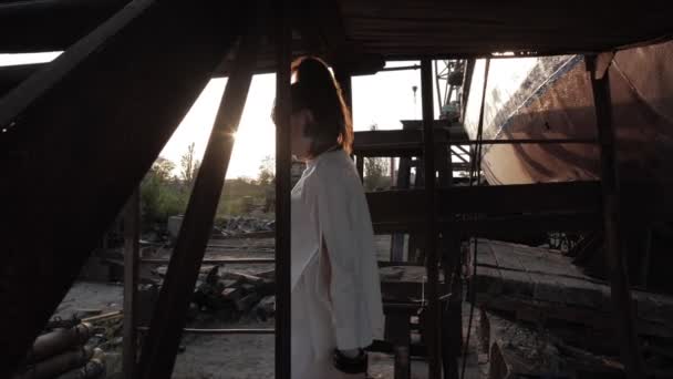 Dama sube escaleras abajo contra buque de carga y puesta de sol — Vídeos de Stock