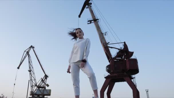 Kvinna poserar mot trasiga port kran och blå himmel — Stockvideo