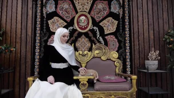 Mujer en árabe traje trazos gato sentado en trono sillón — Vídeo de stock