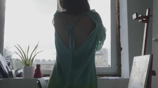 Senhora graciosa em vestido verde se estende perto da janela e cavalete — Vídeo de Stock