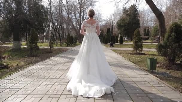 Wdzięk kobieta w sukni ślubnej z pociągiem spacery wzdłuż parku — Wideo stockowe