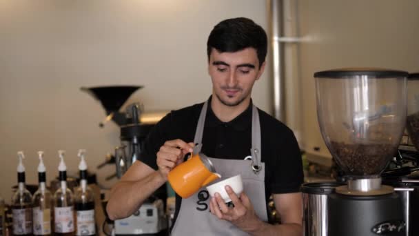 Barista en delantal gris vierte la leche en la taza de café en la cafetería — Vídeos de Stock