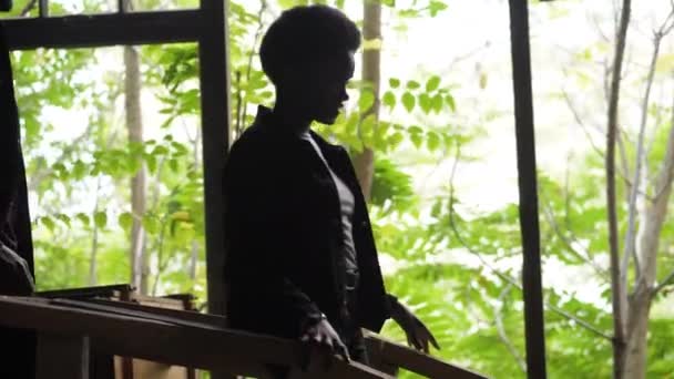 Afroamericanos bajando escaleras más allá de la ventana con árboles — Vídeos de Stock