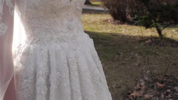 Dama w białej sukni ślubnej z długim welonem w słonecznym parku — Wideo stockowe