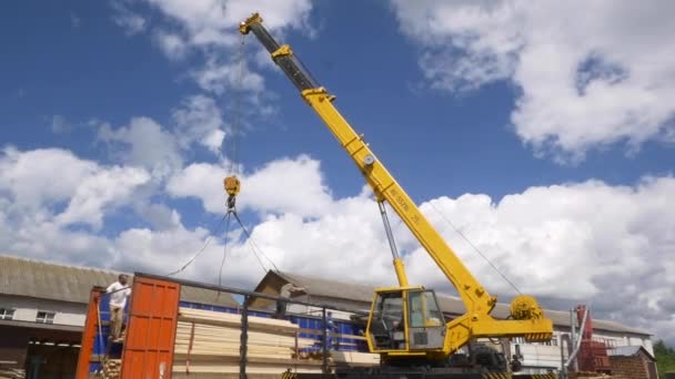 Workers put ropes to pile of wooden boards in factory yard — Stock Video