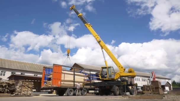Crane near lorry with wooden boards and men in plant yard — Stock Video