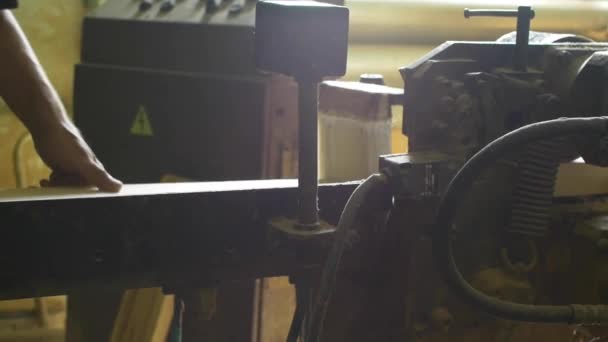 Рабочий кладет деревянную доску в современную полировальную машину — стоковое видео